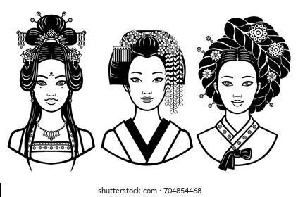 Set of realistic portraits of the young  Asian  girls with different hairstyles.  China, Japan, Korea. Monochrome vector illustration isolated on a white background. Print, poster, t-shirt, card. 