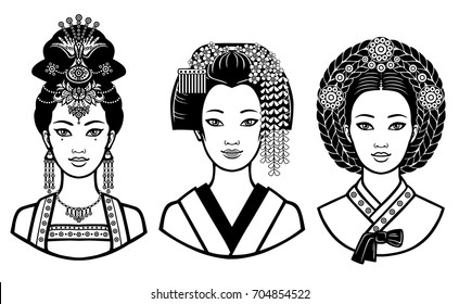 Set of realistic portraits of the young  Asian  girls with different hairstyles.  China, Japan, Korea. Monochrome vector illustration isolated on a white background. Print, poster, t-shirt, card. 