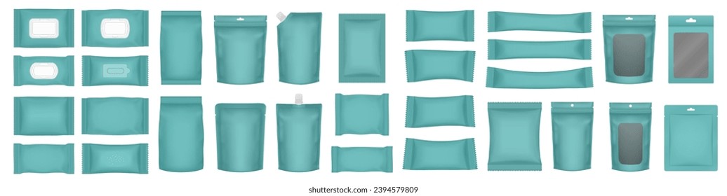 Un conjunto de maquetas realistas. Mochila de flujo verde acuamarina, sobre, bolsa de cierre y doypack. Envoltura de helado. Máscara de hoja. Embalaje de jabón o toallitas húmedas. Caja de cartón con ventana transparente, agujero colgante