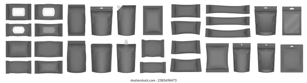Set of realistic pouch mockups. Black flow pack, sachet, zip bag and doypack. Ice cream wrapper. Sheet mask. Soap or wet wipes packaging. Cardboard box with transparent window and hanging hole