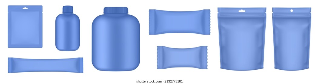 Set of realistic pouch mockups. Blue flow pack, sugar stick, sachet, zip bag, jar, bottle and doypack. Ice cream wrapper. Sheet mask sachet. Soap or wet wipes packaging.