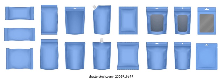 Set of realistic pouch mockups. Blue flow pack, sachet, zip bag and doypack. Ice cream wrapper. Sheet mask sachet. Soap or wet wipes packaging.