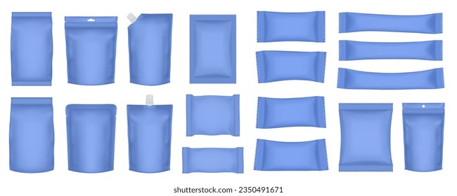 Set of realistic pouch mockups. Blue flow pack, sachet, zip bag and doypack. Ice cream wrapper. Sheet mask sachet. Soap or wet wipes packaging. Sugar stick