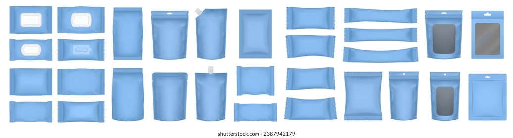 Set of realistic pouch mockups. Blue flow pack, sachet, zip bag and doypack. Ice cream wrapper. Sheet mask. Soap or wet wipes packaging. Cardboard box with transparent window and hanging hole