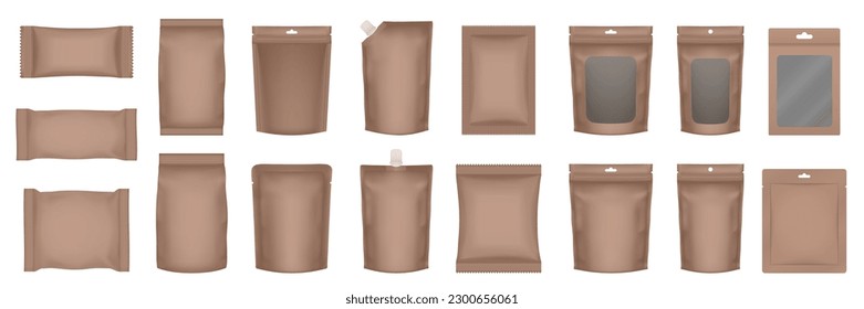 Set of realistic pouch mockups. Brown flow pack, sachet, zip bag and doypack. Ice cream wrapper. Sheet mask sachet. Soap or wet wipes packaging.