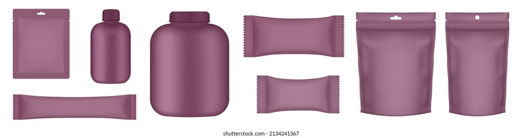 Set of realistic pouch mockups. Burgundy flow pack, sugar stick, sachet, zip bag, jar, bottle and doypack. Brown Ice cream wrapper. Sheet mask sachet. Soap or wet wipes packaging.