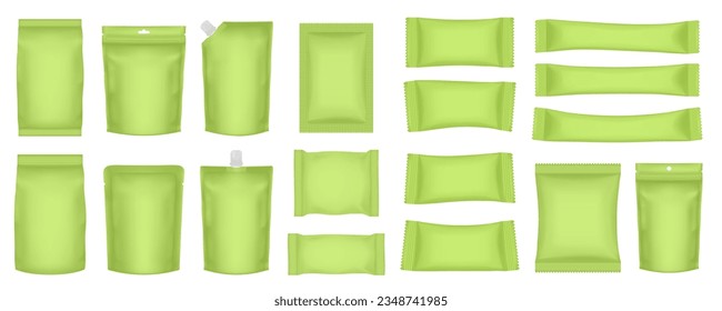 Set of realistic pouch mockups. Green flow pack, sachet, zip bag and doypack. Ice cream wrapper. Sheet mask sachet. Soap or wet wipes packaging. Sugar stick