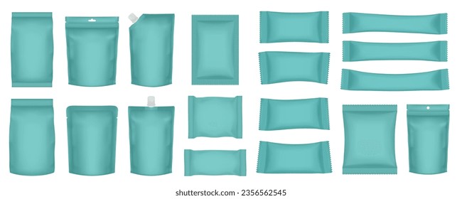 Set of realistic pouch mockups. Mint green flow pack, sachet, zip bag and doypack. Ice cream wrapper. Sheet mask sachet. Soap or wet wipes packaging. Sugar stick