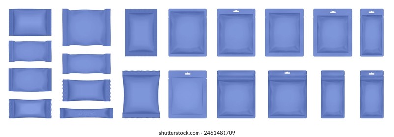 Set of realistic pouch mockups. Navy blue flow pack, sachet, zip bag. Soap wrapper. Sheet mask sachet. Soap or wet wipes packaging. Sugar stick