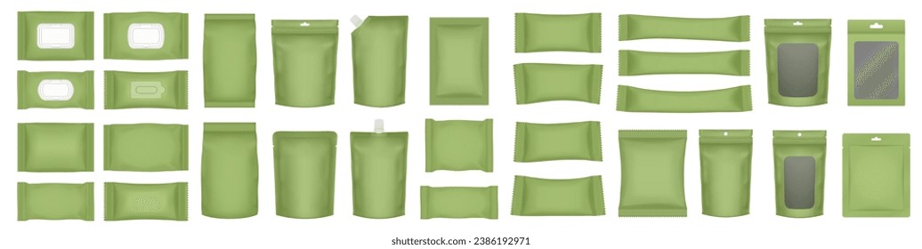 Set of realistic pouch mockups. Olive green flow pack, sachet, zip bag and doypack. Ice cream wrapper. Sheet mask. Soap or wet wipes packaging. Cardboard box with transparent window and hanging hole