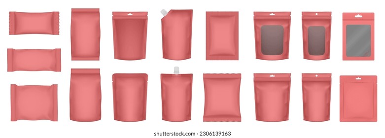 Set of realistic pouch mockups. Red flow pack, sachet, zip bag and doypack. Ice cream wrapper. Sheet mask sachet. Soap or wet wipes packaging.