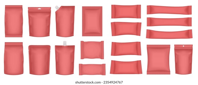 Set of realistic pouch mockups. Red flow pack, sachet, zip bag and doypack. Ice cream wrapper. Sheet mask sachet. Soap or wet wipes packaging. Sugar stick