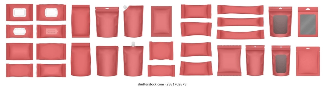 Un conjunto de maquetas realistas. Envase de flujo rojo, sobre, bolsa de cierre y doypack. Envoltura de helado. Máscara de hoja. Embalaje de jabón o toallitas húmedas. Caja de cartón con ventana transparente y agujero colgante