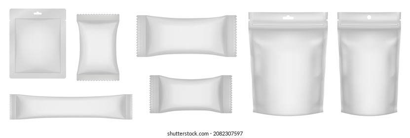 Set of realistic pouch mockups. White flow pack, sugar stick, sachet, zip bag and doypack. Ice cream wrapper. Sheet mask sachet. Soap or wet wipes packaging.