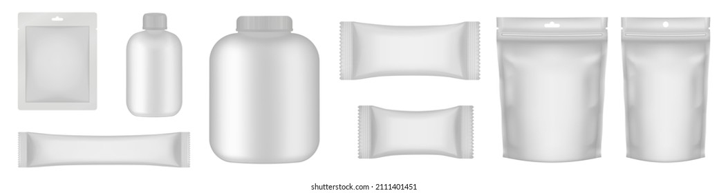 	
Set of realistic pouch mockups. White flow pack, sugar stick, sachet, jar, bottle, zip bag and doypack. Ice cream wrapper. Sheet mask sachet. Soap or wet wipes packaging.