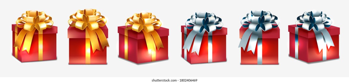 Set of realistic presents on white background. Box presents for Christmas, New Year party, Happy birthday. Celebration decoration objects. Vector illustration