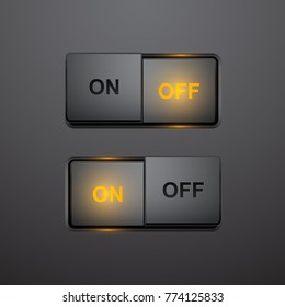 Set of realistic press button in on and off positions, vector button with light effect