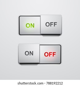 Set of realistic press button in on and off positions, vector button with light effect