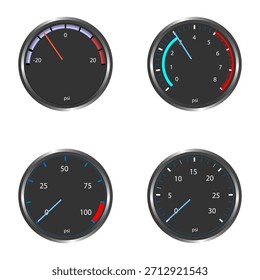 Set of realistic pressure gauges with color-coded zones. Includes multiple psi scales and needle positions.