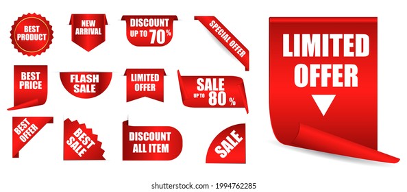 set of realistic price tag isolated or mock up blank red labels offer collection or template ribbon banner sale concept. eps vector