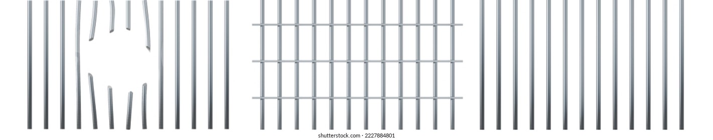 Set of realistic prison metal bars . Iron jail cage. Prison fence jail. Template design for criminal or sentence. Vector illustration