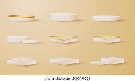 Set of realistic product podium gold and cream color isolated on brown background. 3d vector illustration.