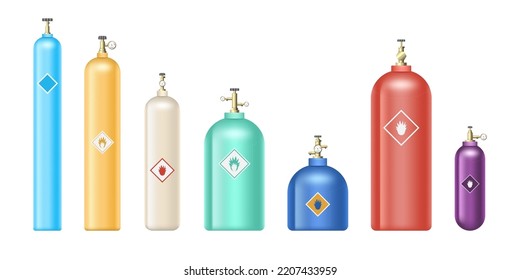 Set of realistic propan cylinders with high pressure and valves explosive. Metal tanks with industrial liquefied compressed oxygen, petroleum, LPG propane gas containers bottles. Vector illustration