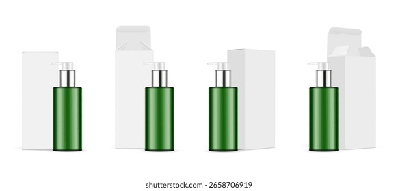 Conjunto de modelos realistas da garrafa da bomba com caixas de embalagem brancas. Recipientes cosméticos verdes com caixas abertas e fechadas sobre fundo branco. Perfeito para marca de cuidados com a pele e design de produto