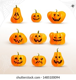 Set of realistic pumpkin. The main symbol of the Happy Halloween holiday. Orange pumpkin with smile for your design for the holiday Halloween. Vector illustration. Isolated on white background.