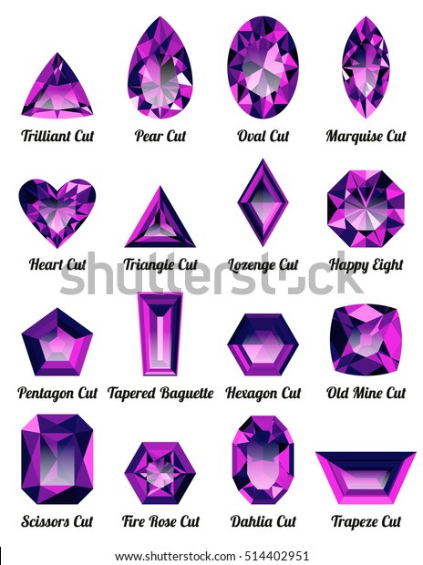 Set of realistic purple amethysts with complex cuts\
isolated on white background. Jewel and jewelry. Colorful gems and\
gemstones. Trilliant, pear, oval, marquise, heart, triangle,\
lozenge, happy eight