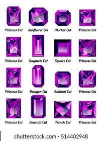 Set of realistic purple amethysts with rectangle cuts isolated on white background. Jewel and jewelry. Colorful gems and gemstones. Princess, sunflower, asscher, baguette, square, octagon, radiant