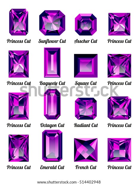 Set of realistic purple amethysts with rectangle\
cuts isolated on white background. Jewel and jewelry. Colorful gems\
and gemstones. Princess, sunflower, asscher, baguette, square,\
octagon, radiant
