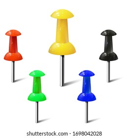 Set of realistic push pins in different colors. Thumbtacks