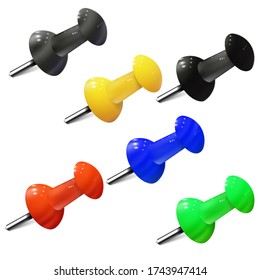 Set of realistic push pins in different colors. Thumbtacks