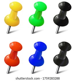 Set of realistic push pins in different colors. Thumbtacks