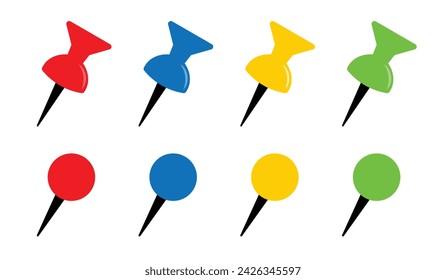 Set of realistic push pins in red color. Thumbtacks. Pushpin symbol sign vector illustration thumbtack drawing. Notice board pin set vector icon collection.