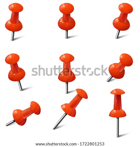 Set of realistic push pins in red color. Thumbtacks