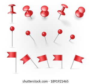 Set of realistic push pins and thumbtags with flags and buttons at different angles on white background. Red pins collection. 3d vector illustration