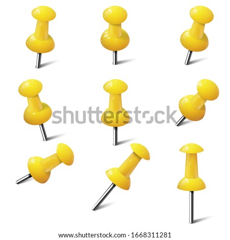 Set of realistic push pins in yellow color. Thumbtacks