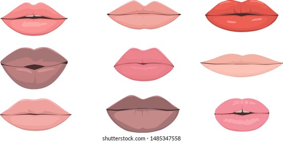 Set of realistic racially diverse vector illustrations of human lips, male and female, EPS 8, no transparencies 