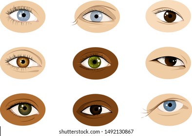 Set of realistic racially diverse vector illustrations of human eyes, male and female, EPS 8, no transparencies