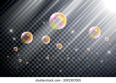 Conjunto de burbujas realistas de jabón arco iris sobre fondo transparente. Ilustración vectorial.