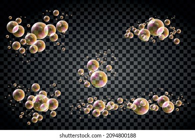 Set of realistic rainbow soap bubbles on transparent background. Vector illustration.
