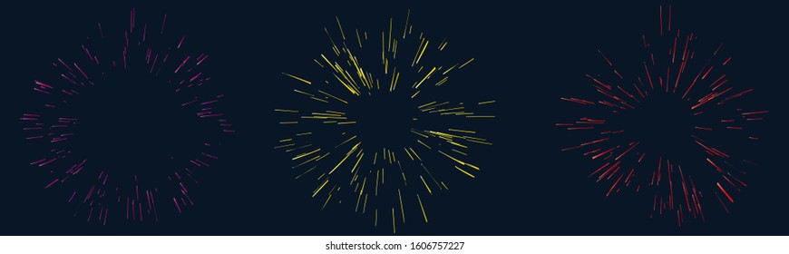 Set of Realistic Rays of fireworks. Colorful layout. Vector illustration. Dynamic style. Abstract explosion, speed motion lines from the middle. Vector illustration