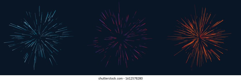 Set of Realistic Rays of fireworks. Colorful layout. Vector illustration. Dynamic style. Abstract explosion, speed motion lines from the middle. Vector illustration