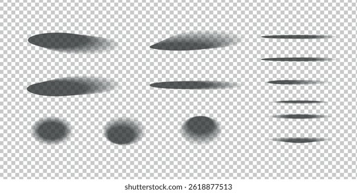 Set of Realistic Rectangle and Oval Shadow Effect. Ellipse, Circle, Square and Line Shapes with Soft Grey Transparent Edges. Blurred Shades for UI, Poster, Card. Vector Illustration.