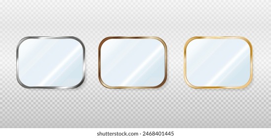 Set of realistic rectangular mirrors in metal, bronze and gold frames. Reflective glass plate. 3d vector illustration  isolated on transparent background.