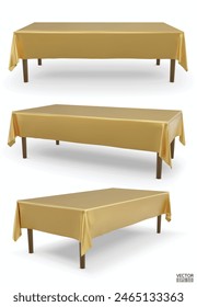 Conjunto de mesa rectangular realista con mantel dorado aislado sobre fondo blanco.  Mesa de tela vacía. Ropa de mesa. Ropa de mesa de sala de reuniones. Ilustración vectorial 3D.