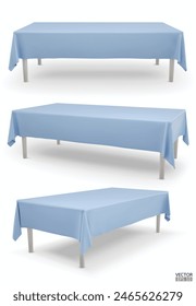 Conjunto de mesa rectangular realista con mantel azul claro aislado sobre fondo blanco.  Mesa de tela vacía. Ropa de mesa. Ropa de mesa de sala de reuniones. Ilustración vectorial 3D.