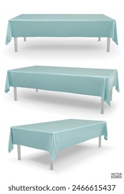 Set von realistischen rechteckigen Tisch mit hellgrüner Tischdecke isoliert auf weißem Hintergrund.  Leerer Stofftisch. Seidentischbekleidung. Sitzungszimmer Tischkleidung. 3D-Vektorillustration.